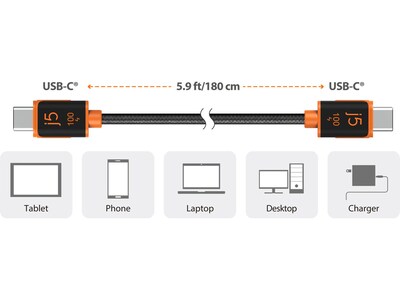 j5create 5.9' USB C to USB C Power Cable, Male to Male, Black (JUCX25L18)