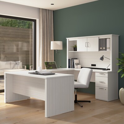 Bestar Logan 66"W U or L Shaped Desk with Drawers and Hutch, White Chocolate (46410-31)