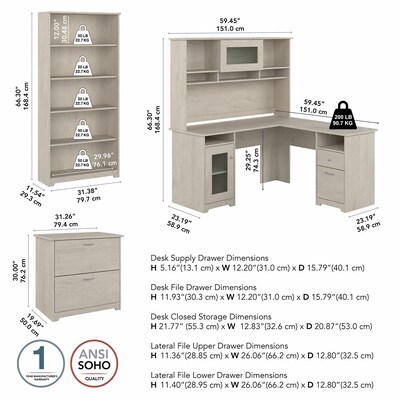 Bush Furniture Cabot 60"W L Shaped Computer Desk with Hutch, File Cabinet and Bookcase, Linen White Oak (CAB010LW)