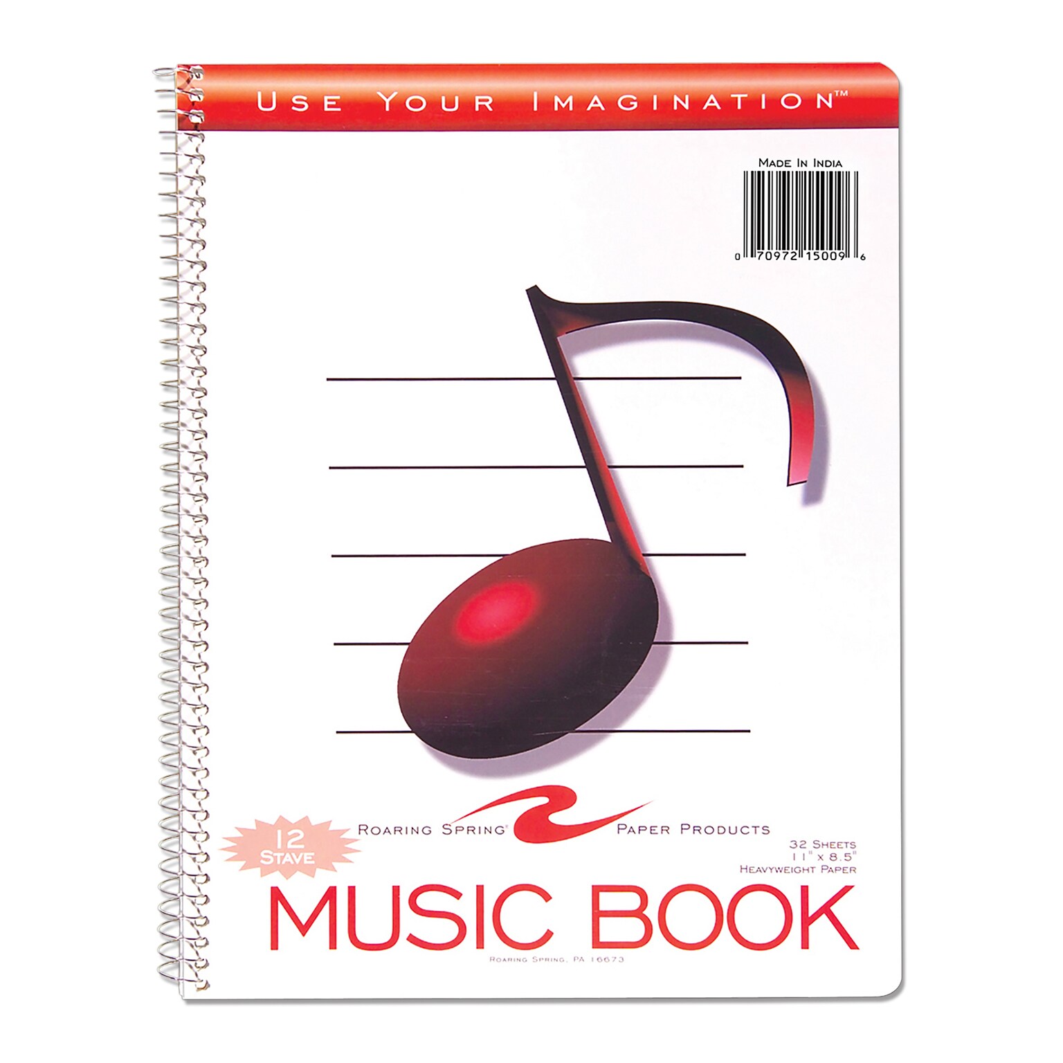 Roaring Spring Paper Products Use Your Imagination Music Notebook, 8.5 x 11, Stave-Ruled, 32 Sheets, White/Red, 24/Carton