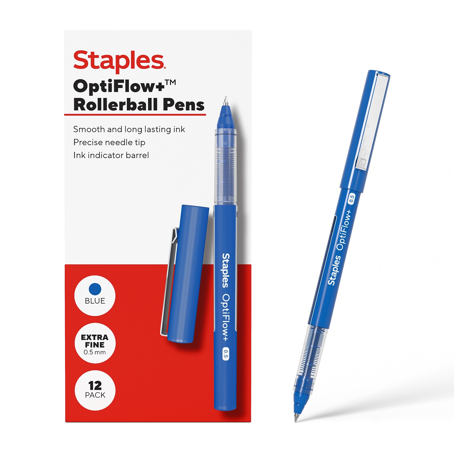 Staples Optiflow+ Rollerball Pens, Extra Fine Point, 0.5mm, Blue Ink, Dozen (ST63316)