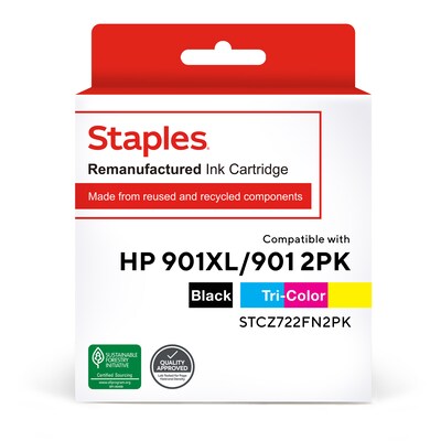 Staples Remanufactured Black High Yield and Tri-Color Standard Ink Cartridge Replacement for HP 901XL/901 (STCZ722FN2PK), 2/Pack