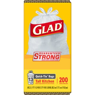 Glad 13 Gallon Kitchen Trash Bag, 4.5" x 9", Low Density, 0.66 mil, White (15931)