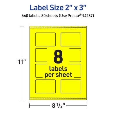 Avery Laser/Inkjet Multipurpose Rectangle Labels, 2" x 3", Neon Yellow, 640/Box (94237)