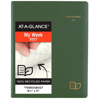 2027 AT-A-GLANCE Recycled 8.25 x 11 Weekly & Monthly Appointment Book Planner, Faux Leather Cover, Green (70-950G-60-27)