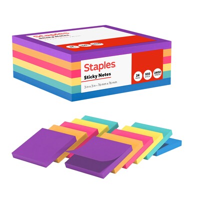 Staples Sticky Notes, 3 x 3, Assorted Colors, 2400 Sheets – Standard Self-Stick Notes for Messages, Reminders & Planning