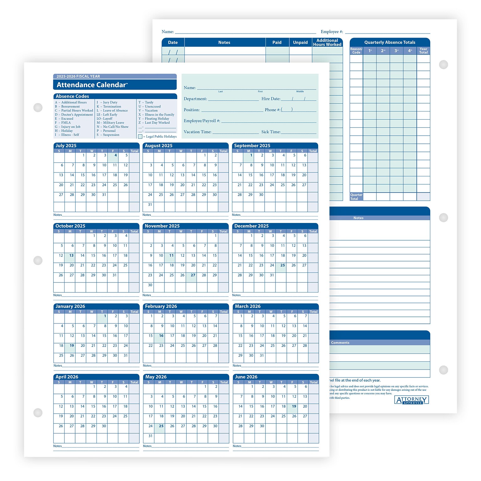 ComplyRight 2025-2026 Fiscal Year Attendance Calendar Cards, 50/Pack (A42005015)