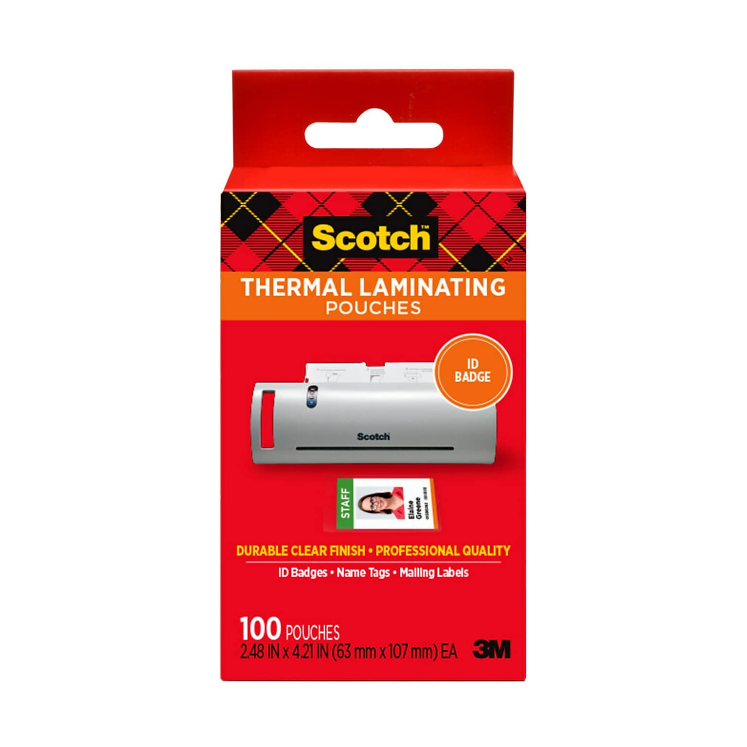 Scotch® ID Badge Size Thermal Laminating Pouches, 5 mil, Clear, 100/Pack (TP5852100)