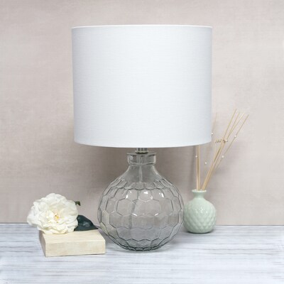 Lalia Home 17.75" Contemporary Engraved Honeycomb Glass Table Desk Lamp with White Fabric Shade, Clear (LHT-3003-CL)