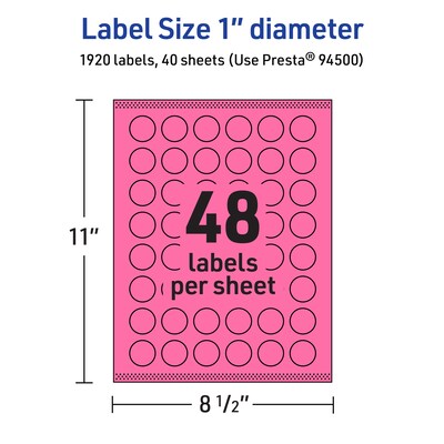 Avery Laser/Inkjet Round Multipurpose Labels, 1" Dia., Bright Pink, 1920/Pack (94500)