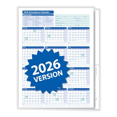 ComplyRight 2026 Attendance Calendar File Folder, 25 Forms/Pack (A3050)