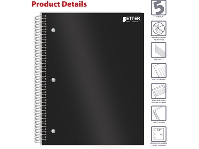 Better Office 5-Subject Subject Notebooks, 8.5" x 11", College Ruled, 200 Sheets, Black (25781)