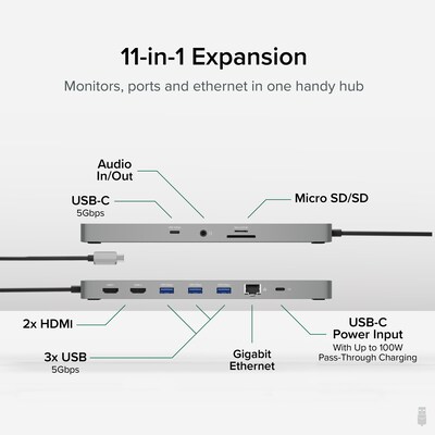 Plugable 11-in-1 USB-C Hub with Ethernet, Silver (USBC-11IN1E)