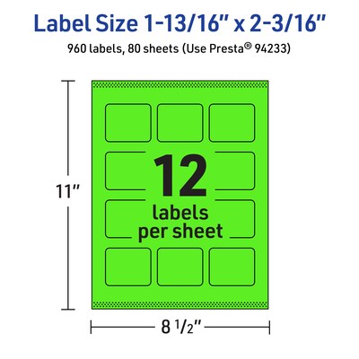 Avery Rectangle Multipurpose Labels, 1-13/16" x 2-3/16", Neon Green, 960/Box (94233)