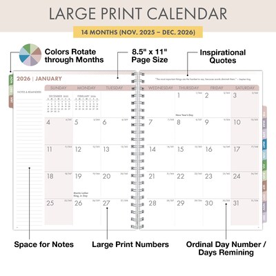 2026 Global Printed Products 8.5 x 11 Weekly & Monthly Planner, Paperboard Cover, Pastel Peacock (ESPROCY26851161)