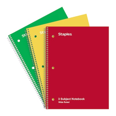 TRU RED 3-Subject Notebook, 8” x 10.5”, Wide Ruled, 120 Sheets, Assorted Colors, 3-Pack