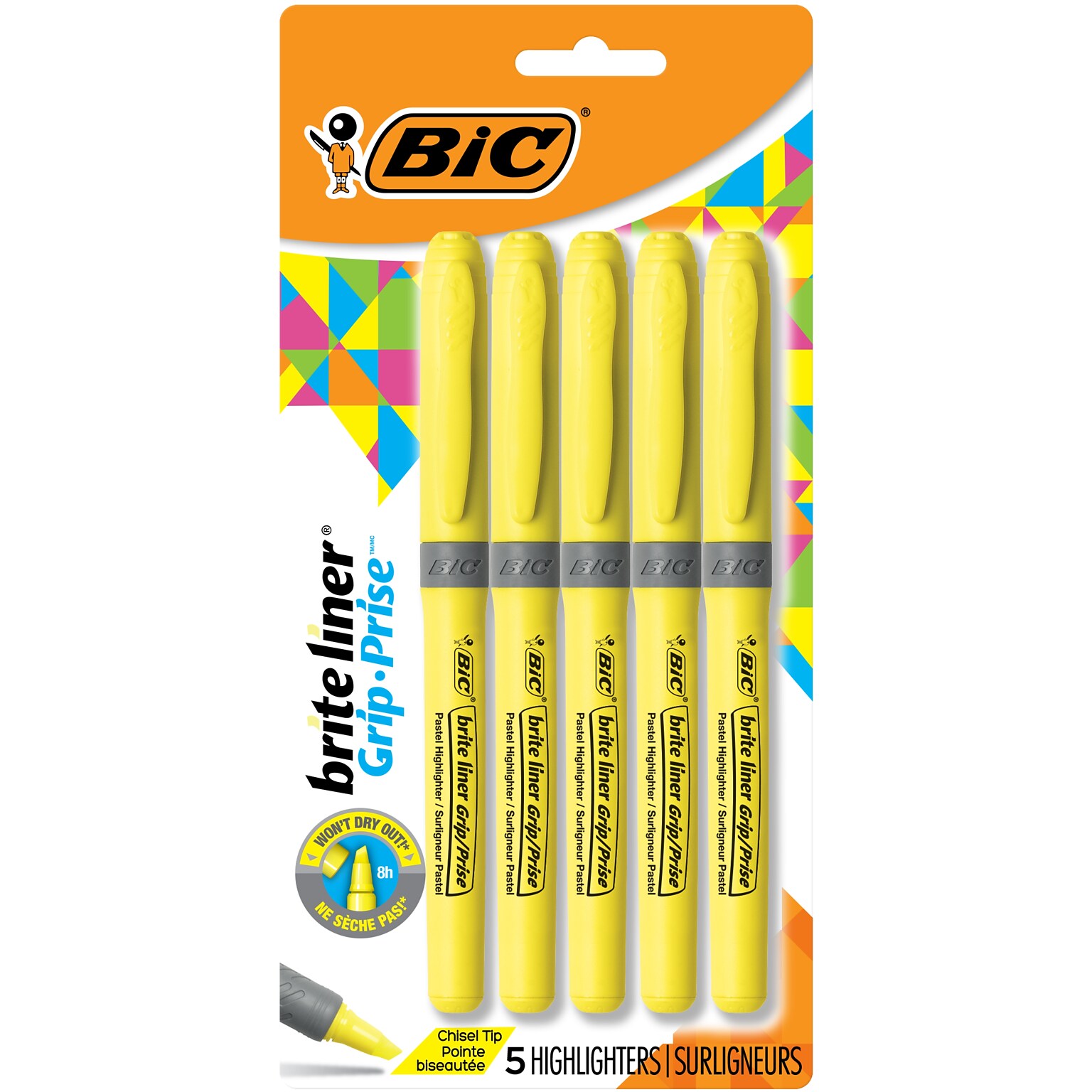 BIC Brite Liner Highlighters with Grip, Chisel Tip, Yellow, 5/Pack (GBLP51-YEL)