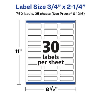 Avery Laser/Inkjet Rectangle Multipurpose Labels, 2.25"  x 0.75", Glossy White, 750/Pack (94216)