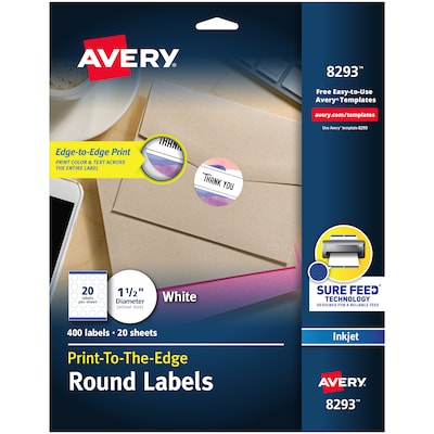 Avery Print-to-the-Edge Inkjet Round Labels, 1 1/2 Diameter, White, 20 Labels/Sheet, 20 Sheets/Pack