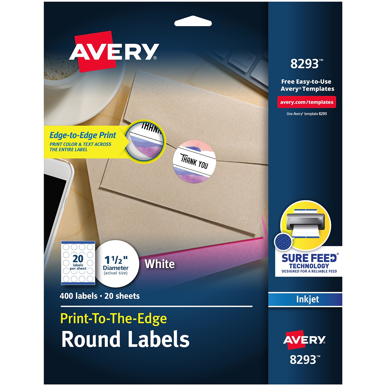 Avery Print-to-the-Edge Inkjet Round Labels, 1 1/2 Dia, White, 400 Labels/Pack (8293)