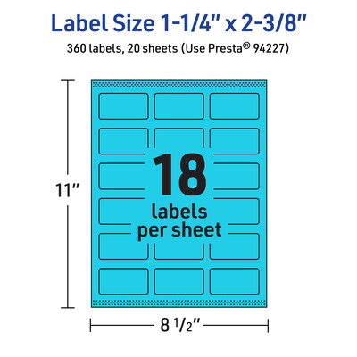 Avery Printable Rectangle Multipurpose Labels, 1-1/4" x 2-3/8", Bright Blue, 360/Pack (94227)