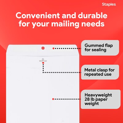 Staples Clasp & Gummed Catalog Envelopes, 10"L x 13"H, Bright White, 100/Box (570231N)