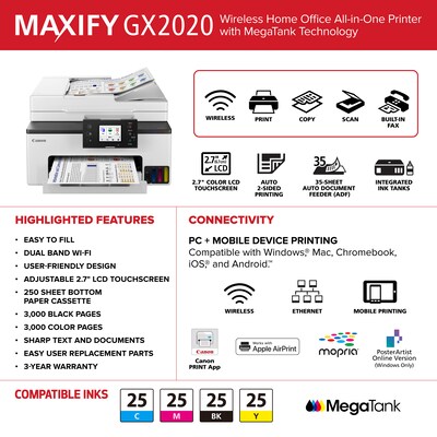 Canon MAXIFY GX2020 Wireless Color Inkjet Printer, All-In-One, Print, Scan, Copy, Fax (GX2020)