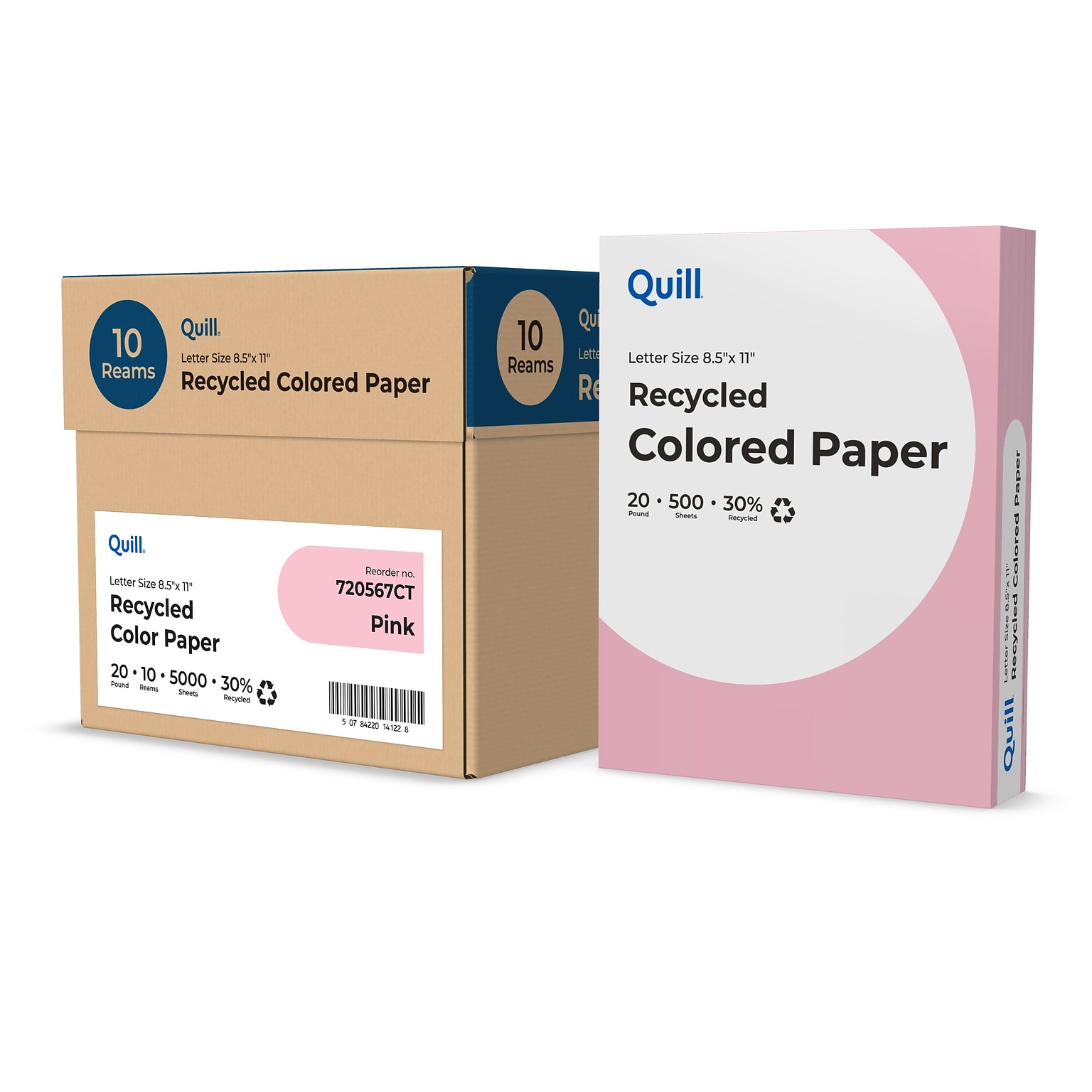 Quill Brand® 30% Recycled Colored Multipurpose Paper, 20 lbs., 8.5 x 11, Pink, 500 Sheets/Ream, 10 Reams/Carton (720567CT)