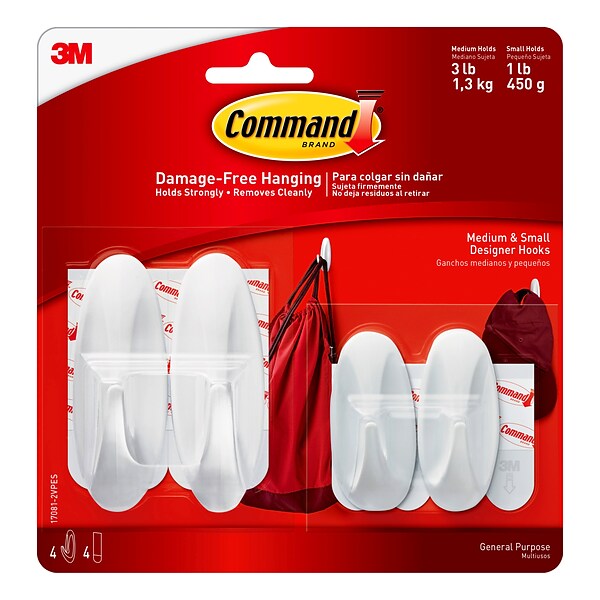 Command™ Small and Medium Designer Hooks Value Pack, White, 2 Small and 2 Medium/Pack (17081-2VPES)
