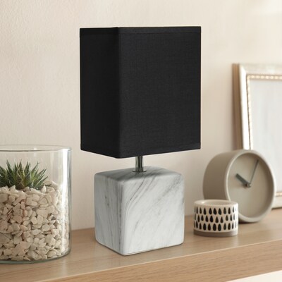 Simple Designs Petite Marbled Ceramic Table Lamp Fabric Shade, White with Black Shade (LT2071-WOB)