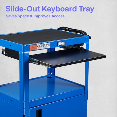 Luxor LEADER 3-Shelf Adjustable Media Utility Cart with Pullout Tray and Locking Cabinet, Blue (AVJ42KBC-RB)