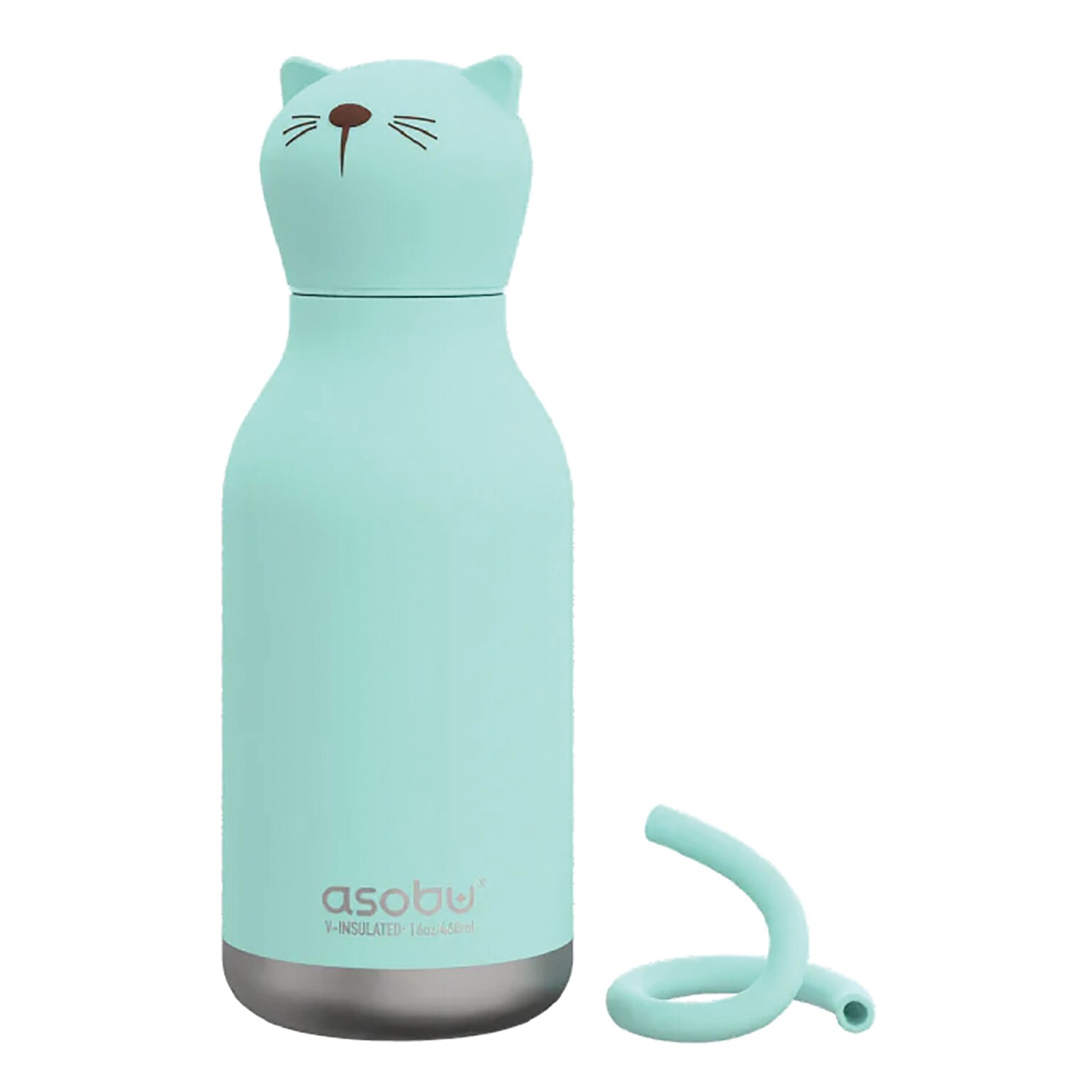 ASOBU Bestie Bottle Kitty Vacuum Insulated Stainless Steel Water Bottle with Reusable Flexi Straw, 16 oz., Blue (SBV44CA)