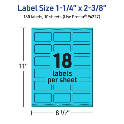 Avery Laser/Inkjet Multipurpose Rectangle Labels, 1-1/4" x 2-3/8", Bright Blue, 180/Pack (94227)