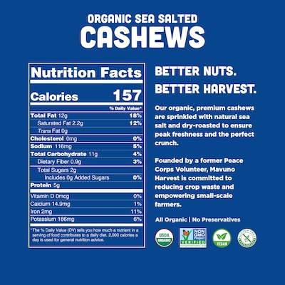 Mavuno Harvest Organic Dry Roasted Sea Salt Flavored Cashews, 4 oz., 6 Bags/Pack (MAHW-SRC46PK)