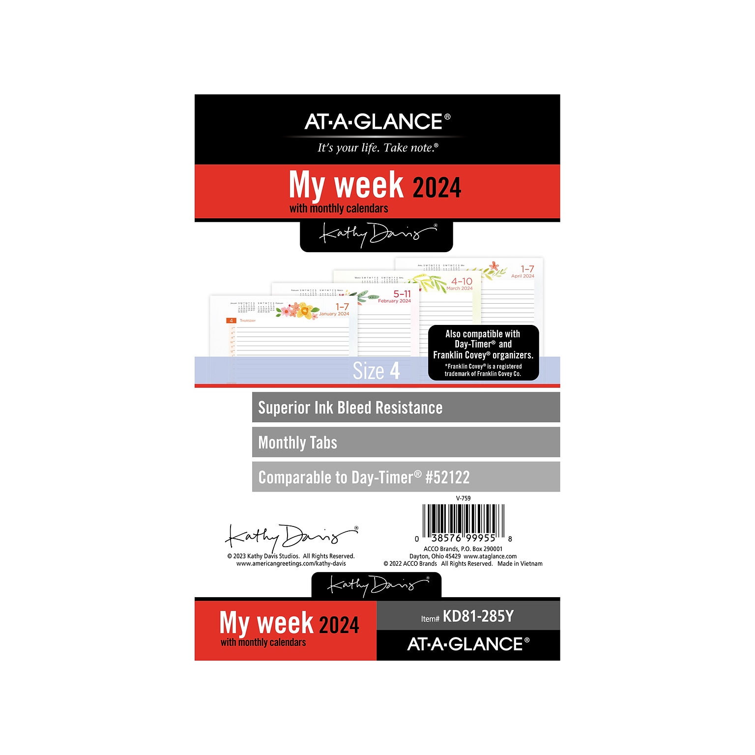 2024 AT-A-GLANCE Kathy Davis 8.5 x 5.5 Weekly & Monthly Planner Refill, Multicolor (KD81-285Y-24)