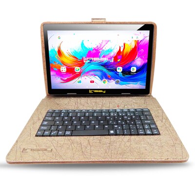 Linsay F10 Series 10.1" Tablet, Wi-Fi, Octa Core, 256GB eMMC, Android 15, with Brown Unique Oracle Keyboard Case & Briefcase