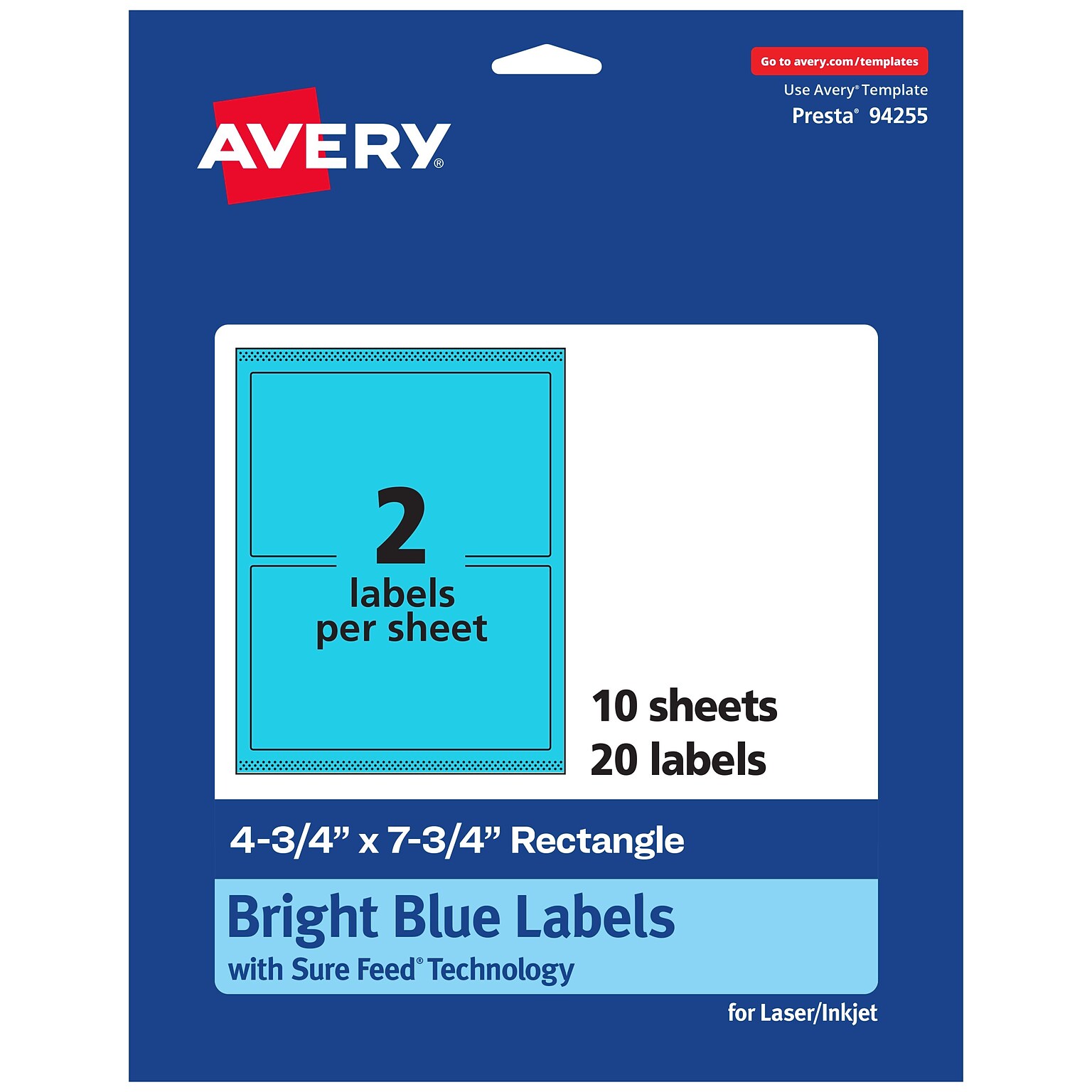 Avery Printable Rectangle Multipurpose Labels, 4.75 x 7.75, Bright Blue, 20/Pack (94255)