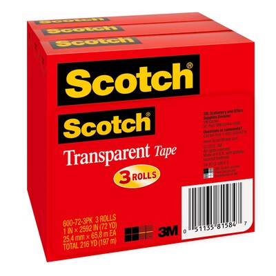 Scotch Transparent Tape, 1 in x 2592 in, 3 Tape Rolls, Clear, Refill, Home Office and Back to School Supplies for Classroom