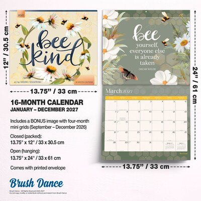 2027 BrownTrout Bee Kind 14" x 12" Monthly Wall Calendar, Assorted Colors (9798330715961)