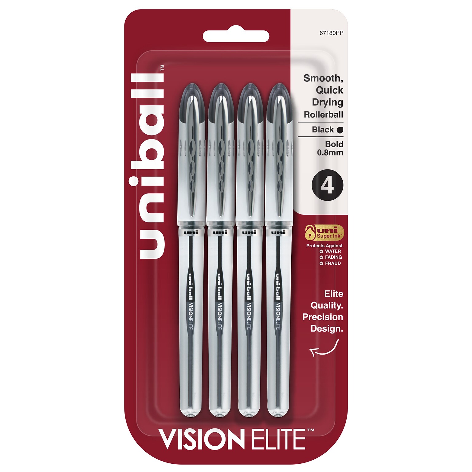 uni-ball Vision Elite Rollerball Pen, Bold Point, 0.8mm, Black Ink, 4/Pack (67180)