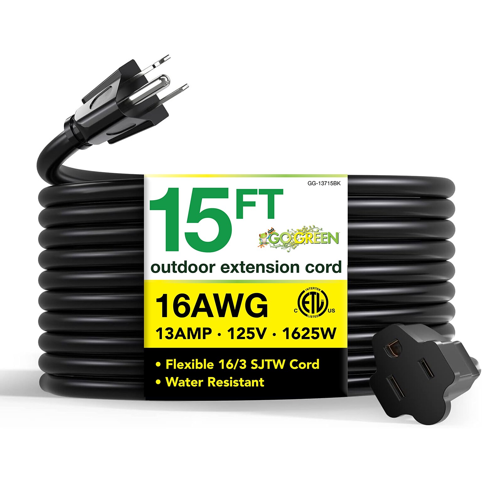 GoGreen Power 15 Indoor/Outdoor Extension Cord, 16 AWG, Black (GG-13715BK)