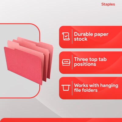 Staples File Folders, 1/3-Cut Tab, Letter Size, Red, 100/Box (ST224519-CC)