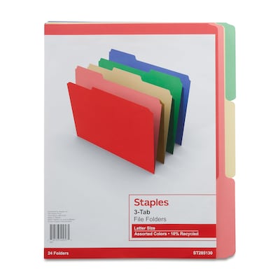 Staples® File Folders, 1/3-Cut Tab, Letter Size, Assorted Colors, 24/Pack (ST285130-CC)