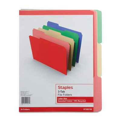Staples File Folders, 1/3-Cut Tab, Letter Size, Assorted Colors, 24/Pack (ST285130-CC)
