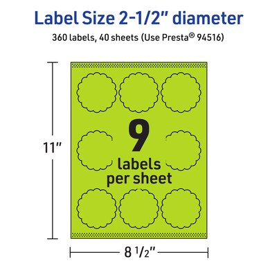 Avery Decorative Edge Multipurpose Labels, 2.5" Dia., Bright Green, 360/Pack (94516)