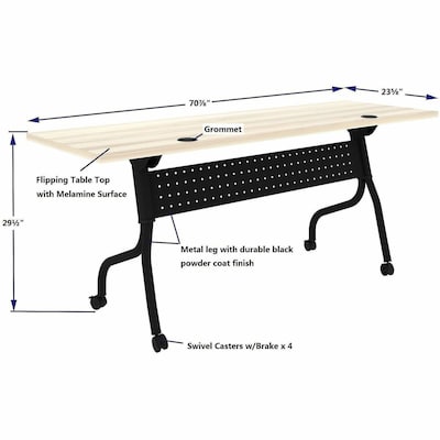 Lorell 72"W x 23.6"D Foldable Flip-Up Training Table, Melamine, With Wheels, Modern Elm/Black (LLR66375)