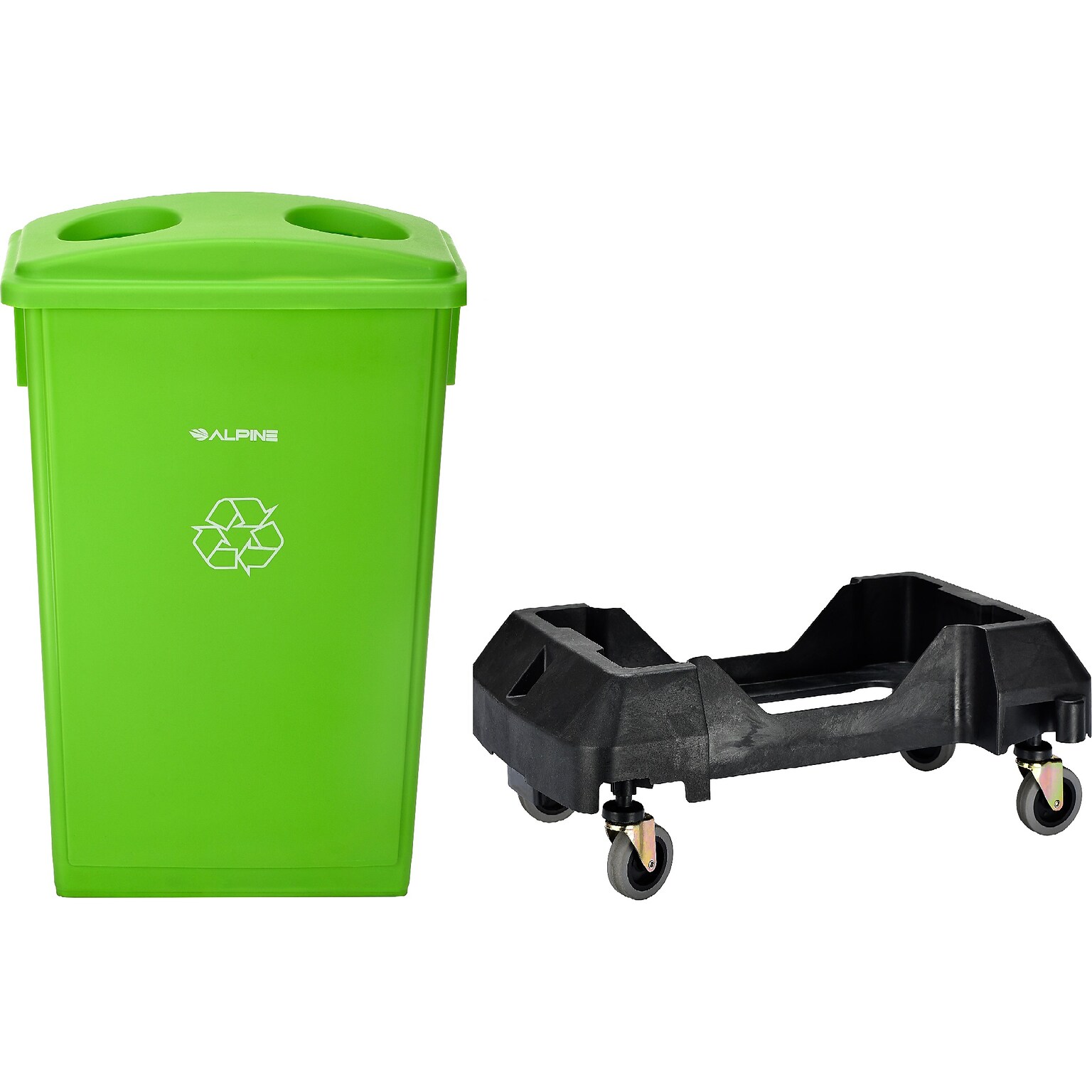 Alpine Industries Polypropylene Recycling Bin with Lid and Dolly, 23 Gallon, Lime Green (ALP477-LGRN3-PKD)