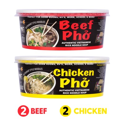 PhoLicious Authentic Pho Vietnamese Rice Noodle Soup, Variety Pack, 3.6 oz, 4/Pack (220-02406)