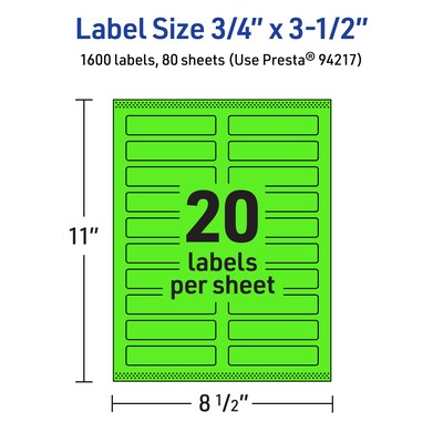 Avery Laser/Inkjet Multipurpose Rectangle Labels, 0.75" x 3.5", Neon Green, 1600/Box (94217)