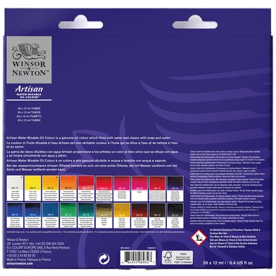 Winsor and Newton Artisan Water Mixable Oil Paint Tube Set, Assorted Colors, 12 mL, 20/Set (WNX1590266)